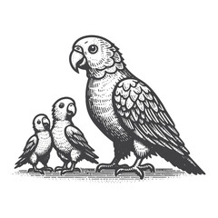 Vintage Hand-Drawn Parrot with Family Group Illustration &ndash; Colorful Tropical Birds Engraved Style Vector for T-Shirts, Posters, Stickers, and Nature Themes Apparel