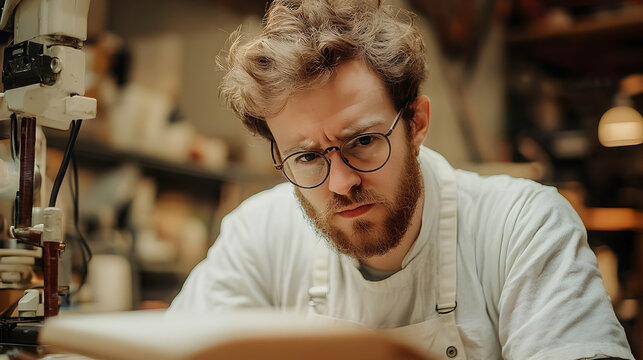Focused craftsman working in workshop closeup portrait - Powered by Adobe