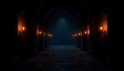 Fototapeta premium Dark dungeon long medieval castle corridor backgrounds, scary endless medieval catacombs with torches. Mystical nightmare concept. Generative AI