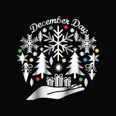 Christmas and New Year vector emblem. Christmas tree, snowflakes, Santa Claus hat, gift box, deer, bells, snowman.