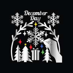 Christmas and New Year vector emblem. Christmas tree, snowflakes, Santa Claus hat, gift box, deer, bells, snowman.