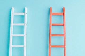 White and Orange Brown Miniature Ladders Against Light Blue Background