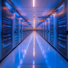 Fototapeta premium A long corridor of gleaming server racks in a modern data center, illuminated with vibrant blue and orange lighting