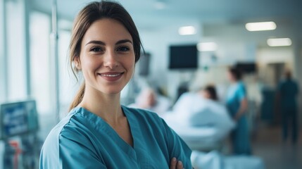 A portrait of a smiling European female nurse in scrubs, confidently standing in a hospital environment. The image conveys professionalism, care, and dedication to patient wellbeing.