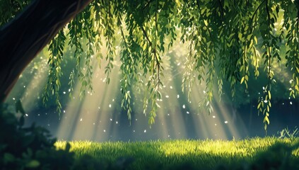Fototapeta premium Sunlight streams through a lush, leafy canopy