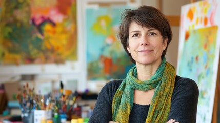 A middle-aged European woman stands confidently in her art studio, showcasing her creativity with vibrant paintings and art supplies in the background.
