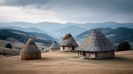 Picturesque huts under cloudy skies, nestled within hilly landscapes of rural area