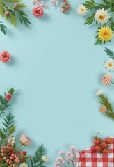 Summer garden picnic invitation card mockup with floral decorations and blank space