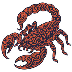 Intricate illustration of a scorpion with decorative swirls in vibrant red and black tones. Perfect for design themes involving symbolism, strength, and creativity