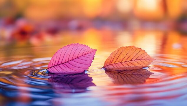 Two vibrant pink-red leaves on rippling autumn water, warm sunset glow