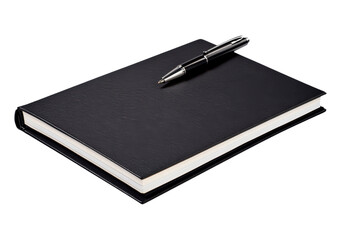 Black notebook with a pen on top, ready for notes or creative writing, PNG