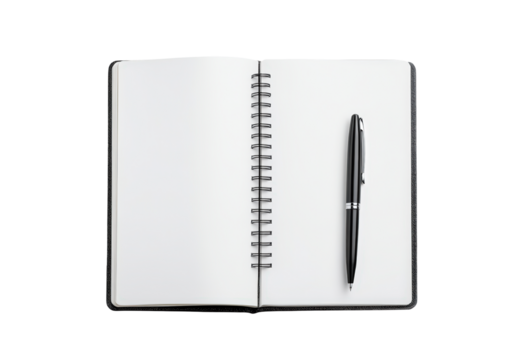 Open notebook with a pen resting beside it, ready for thoughts and ideas on a clean page, PNG