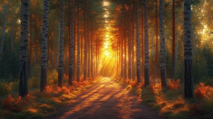 Obraz premium Golden sunlight streams through a tranquil forest path.