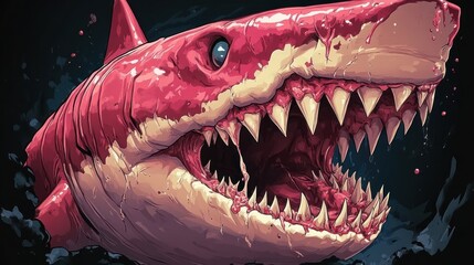 Naklejka premium Close-up illustration of a ferocious, vibrant red shark.