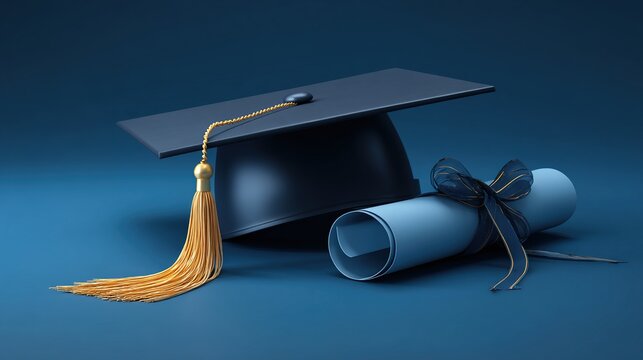 A graduation cap and degree scroll on a blue background, symbolizing academic achievement and celebration. High quality
