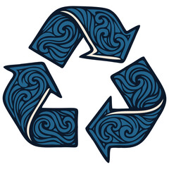 Illustration of a recycling symbol adorned with intricate blue swirl patterns, representing sustainability, recycling, and eco-conscious living. 