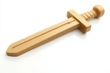 Wooden toy sword isolated on white background with detailed craftsmanship and smooth finish