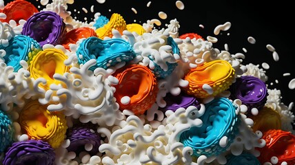 Abstract arrangement of colorful, textured rings and white swirling elements creating dynamic form.