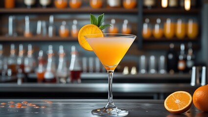  Orange Cocktail in Martini Glass on Bar Counter, Concept of sophistication and relaxation, created with generative ai