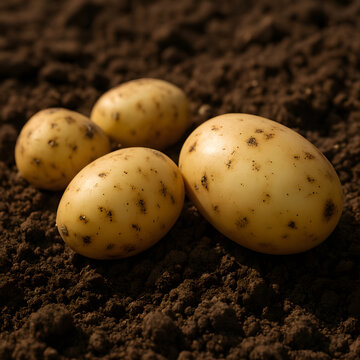 Papas frescas sobre la tierra &mdash; cosecha o siembra de papas

