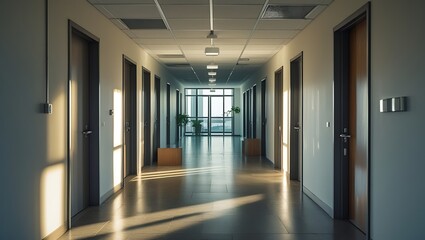 office building's interior has a long hall and doors lighted with lamps and sunlight. Empty office corridor with lamps, Interior architecture created with generative ai