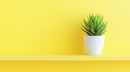 Vibrant green succulent on bright yellow shelf minimalist home decor background