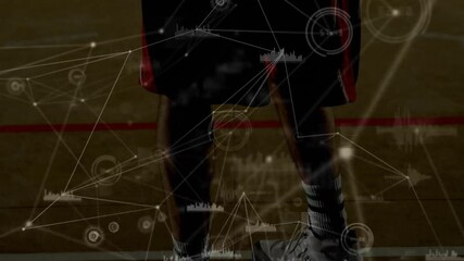 Male athlete standing on basketball court, displaying sports data with network nodes and bar charts - Powered by Adobe