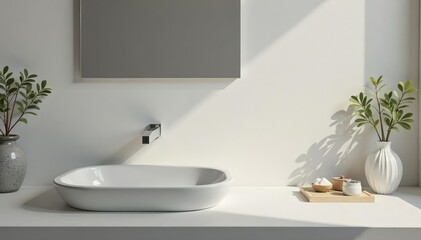 Fototapeta premium Modern bathroom sink with chrome faucet and white countertop , bright, plumbing