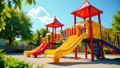 Brightly colored playground equipment on a sunny day , games, climbing