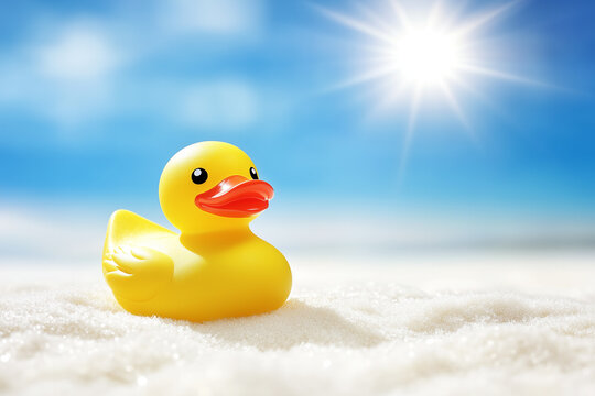 Bright Yellow Rubber Duck Floating on Sandy Beach Under Clear Blue Sky with Sunlight - Powered by Adobe
