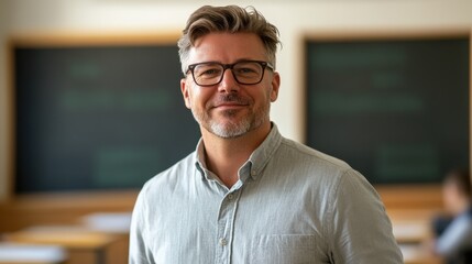 Obraz premium A confident middle-aged male teacher with glasses stands in a classroom, exuding professionalism and warmth. The backdrop features a chalkboard, enhancing the educational ambiance.