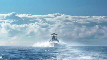 Naval Ship Sailing On Blue Ocean Water Under Cloudy Sky with Sunlight