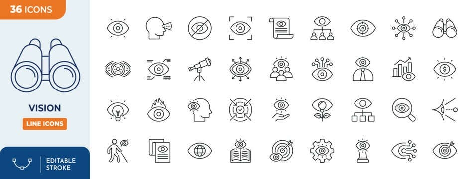 Vision icon set. Contain icons related to Vision, Eye, look, perspective, binocular, and more. Outline Icon Collection. Editable stroke. Vector illustration	