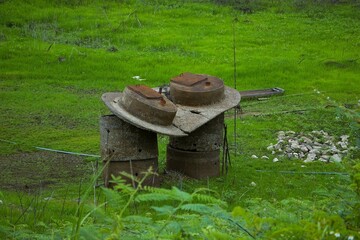 Old concrete pipe with rusty cover amidst natural green grass forest.