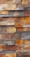 Close-up view of a stone wall, rectangular tiles in various shades of brown, gray, and tan