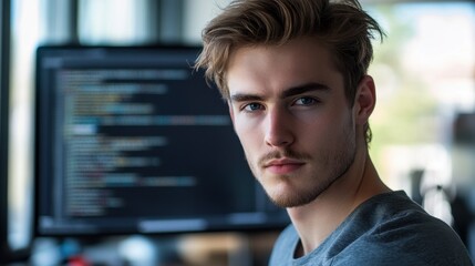 A portrait of a young European man in his late twenties with a serious expression, sitting in front of a computer screen demonstrating creativity and focus.