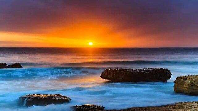 Golden Sunset Over Ocean &ndash; Serene 4K UHD Seascape with Rock Reflections