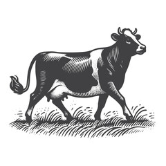 Fototapeta premium Vintage Hand-Drawn Cow Walking Illustration – Farm Animal Engraved Style Vector for T-Shirts, Posters, Stickers, and Rustic Themes Apparel