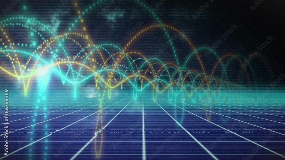 Poster neon dotted wave arcs flowing across reflective grid floor, creating futuristic data visualization