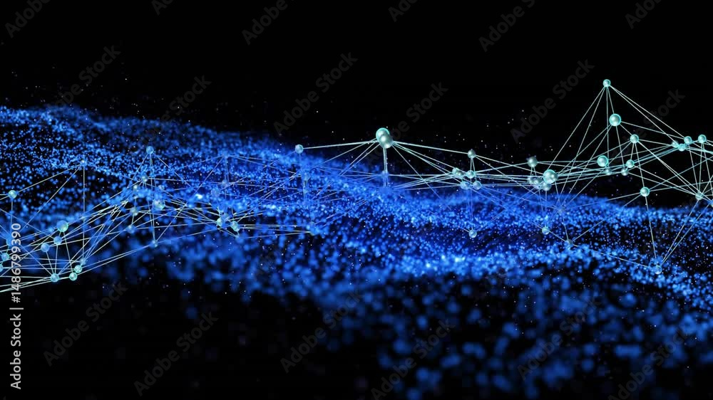 Poster 3d render creating abstract wave structure floating in dark void using glowing blue nodes and lines
