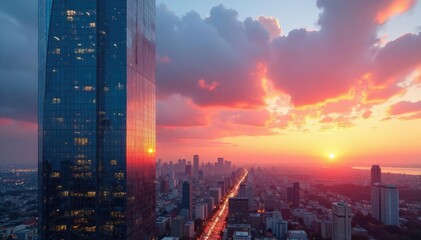 Modern glass skyscraper reflecting city skyline at sunset , evening, urban landscape
