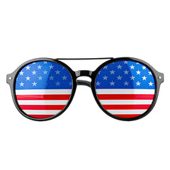 Stylish black sunglasses reflecting the American flag against a transparent background. The shades feature a classic aviator design with a bold frame and patriotic lenses.