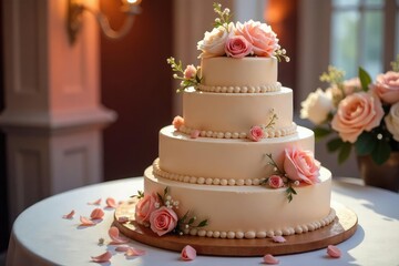 Elegant wedding cake with floral decorations on a table, ready for the reception , marriage, wedding
