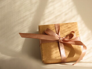 Gift box with pink bow on sunlit white background.