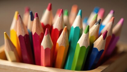 Fototapeta premium Assorted colored pencils in a wooden box, ready for creative projects , black, rainbow, brown