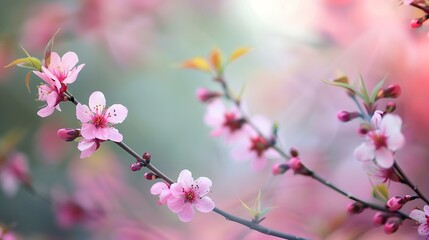 Pink Cherry Blossom Branch in Soft Focus with Blurred Background and Warm Sunlight