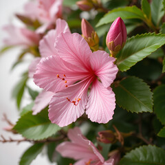 Obraz premium Closeup of pink azalea flowers with green foliage and half open bud on white background.