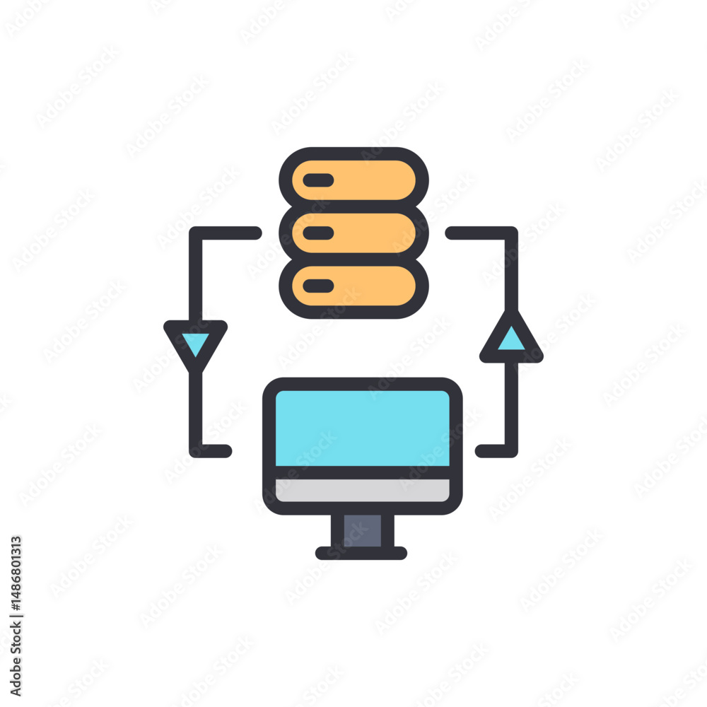 Poster abstract icon depicting data transfer between computer and database