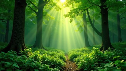 Fototapeta premium Lush green forest scene with dappled sunlight filtering through leaves , nature, organic