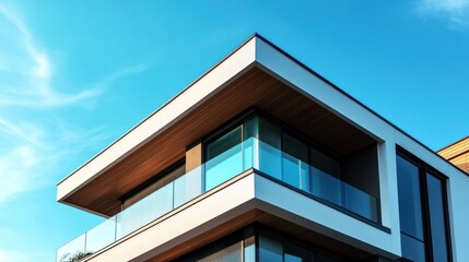 Modern architectural building design shown with blue sky background above